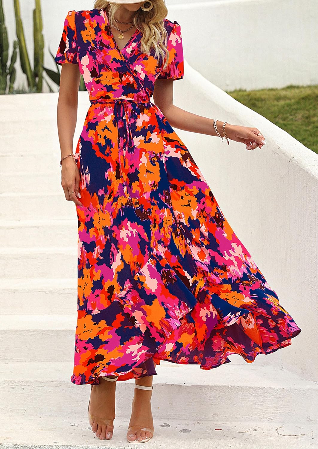 PRETTYGARDEN women's boho floral wrap V-neck maxi dress — view 4