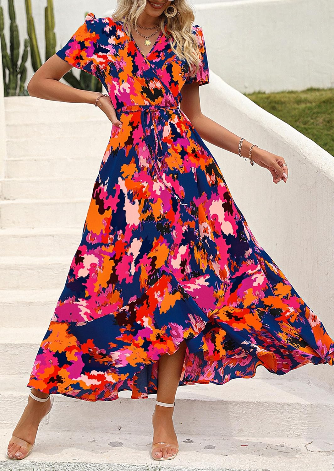 PRETTYGARDEN women's boho floral wrap V-neck maxi dress — view 3
