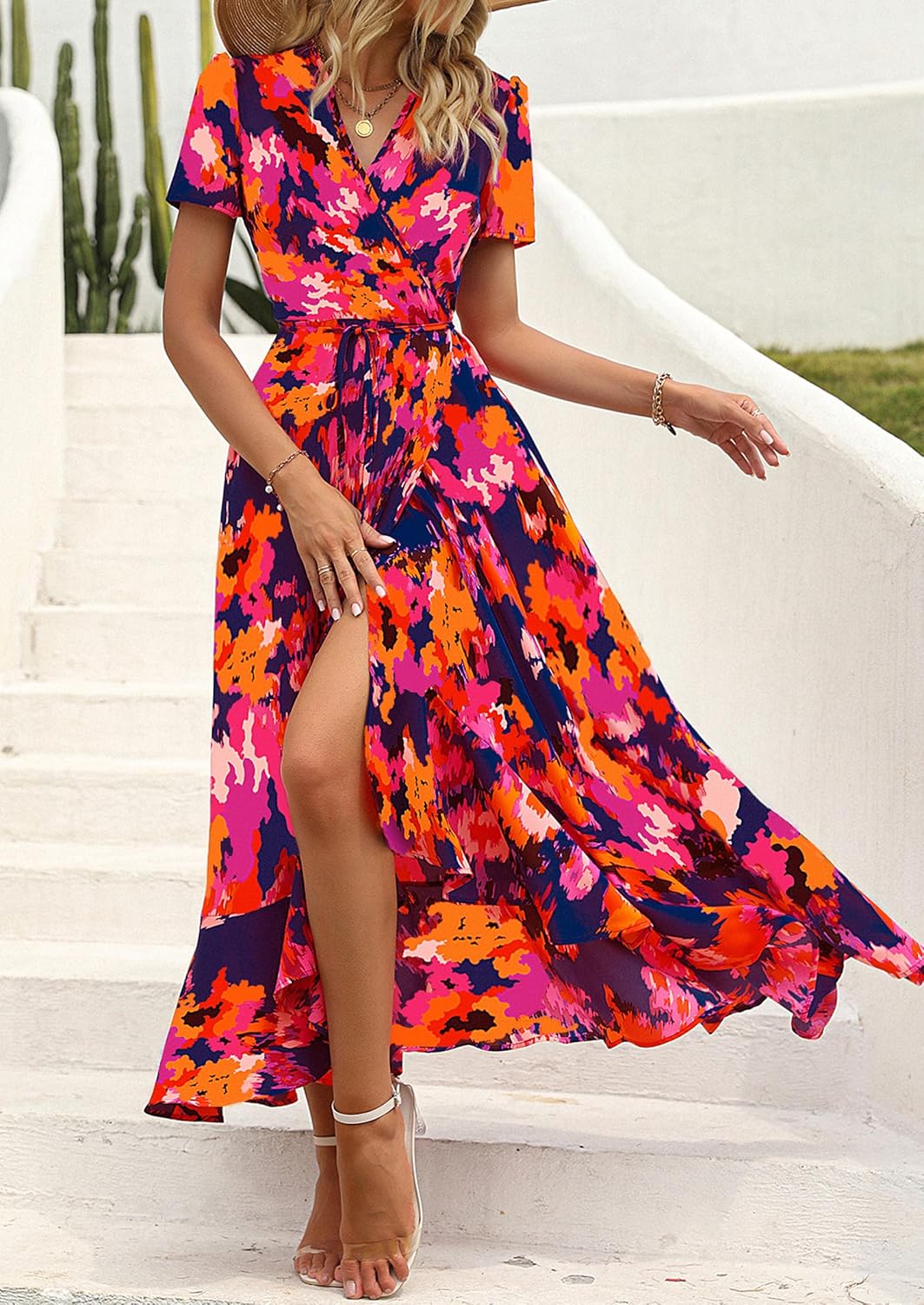 PRETTYGARDEN women's boho floral wrap V-neck maxi dress — view 4