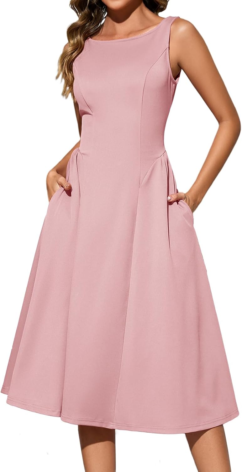 Bridesmay women's crew-neck sleeveless swing A-line midi dress with pockets — view 1