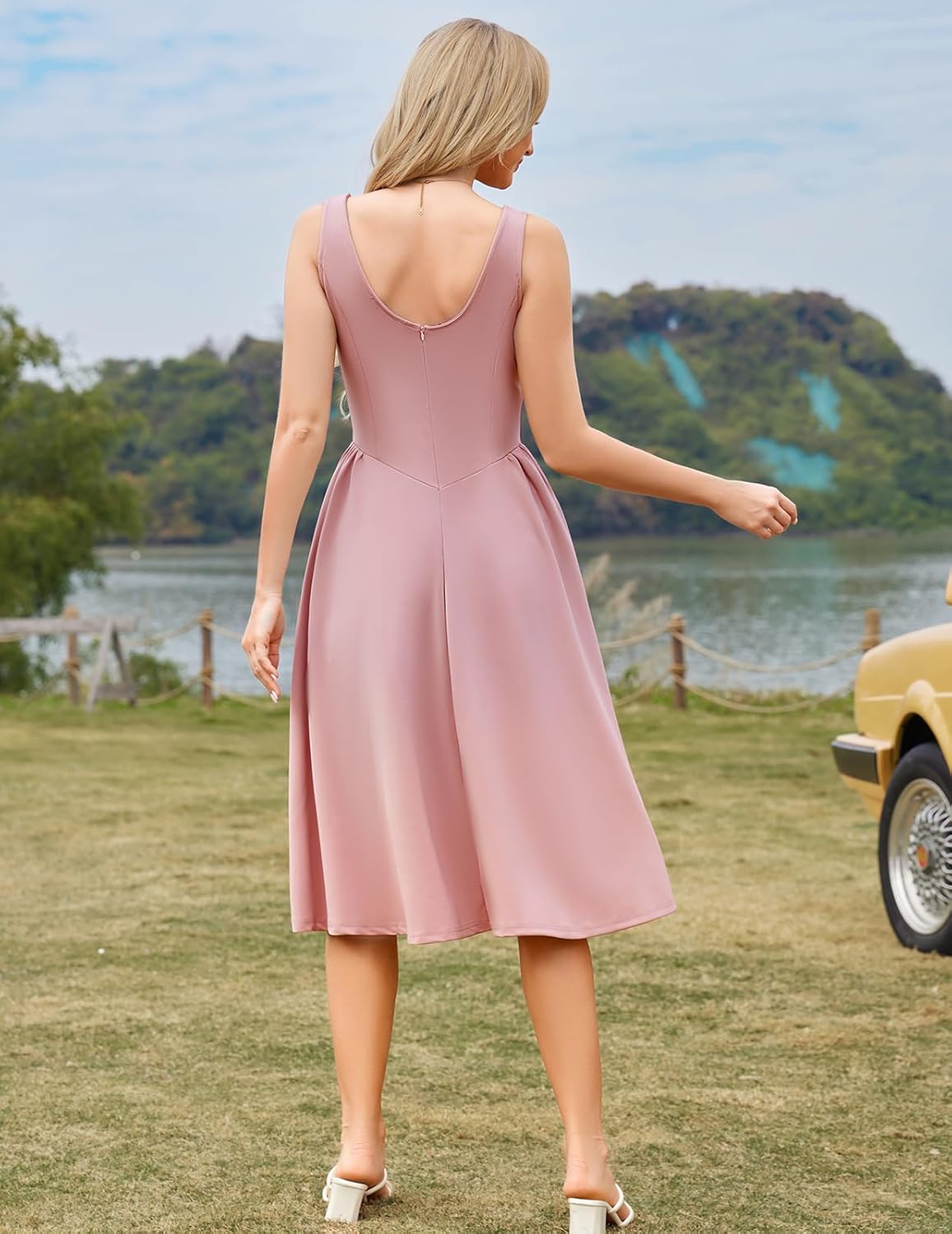 Bridesmay women's crew-neck sleeveless swing A-line midi dress with pockets — view 2
