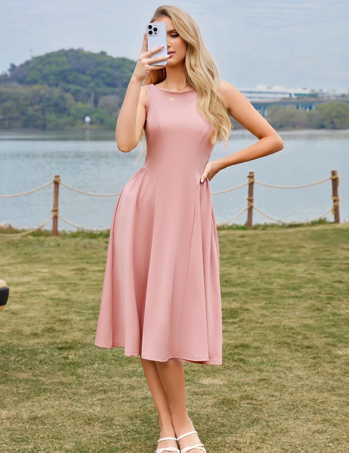 Bridesmay women's crew-neck sleeveless swing A-line midi dress with pockets — view 3