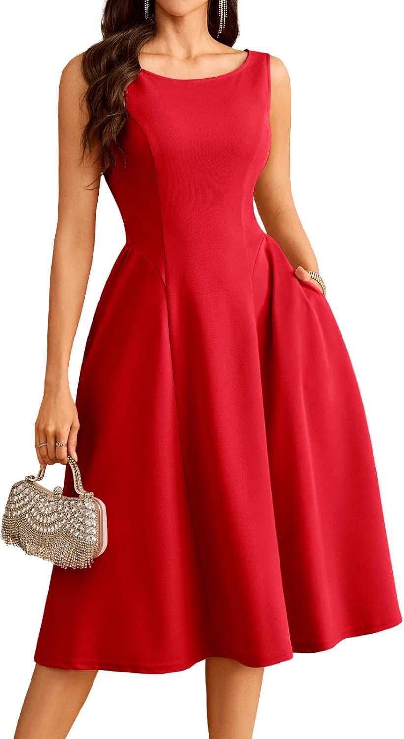 Bridesmay women's crew-neck sleeveless swing A-line midi dress with pockets — view 5