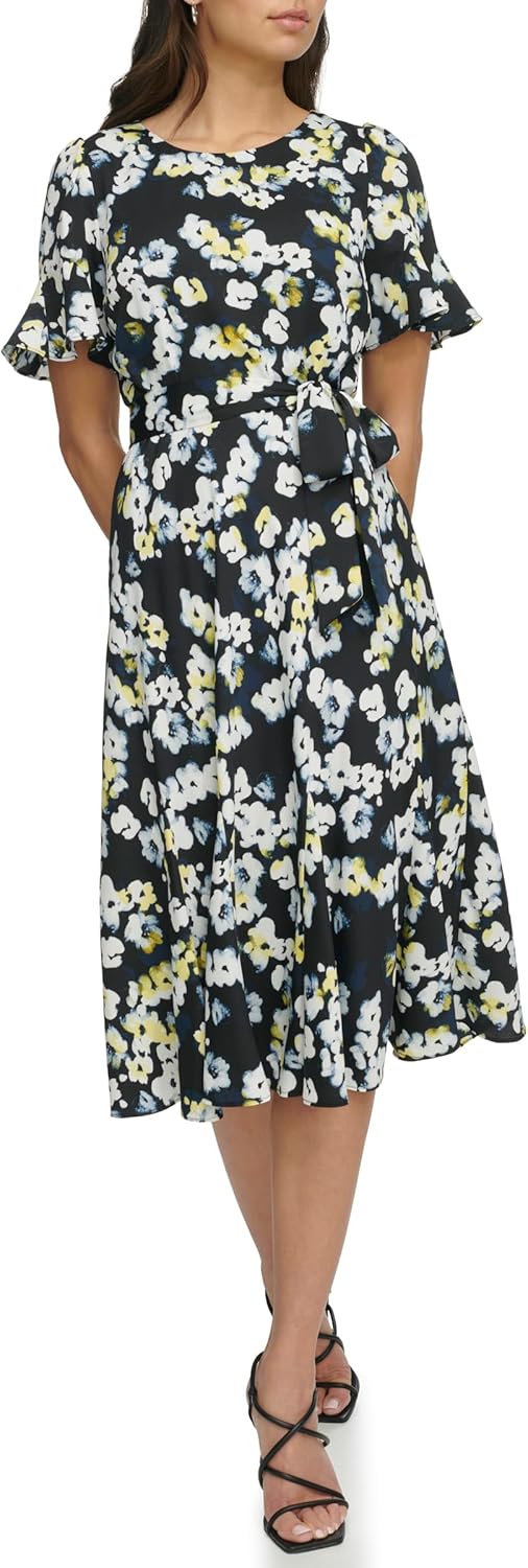 DKNY women's flutter-sleeve round-neck waist-tie midi dress — view 2