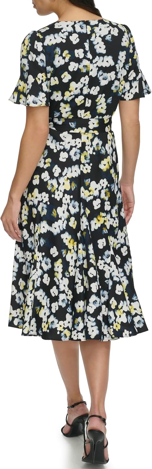DKNY women's flutter-sleeve round-neck waist-tie midi dress — view 3