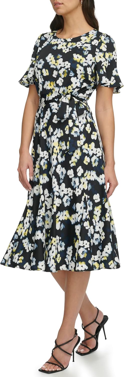 DKNY women's flutter-sleeve round-neck waist-tie midi dress — view 4