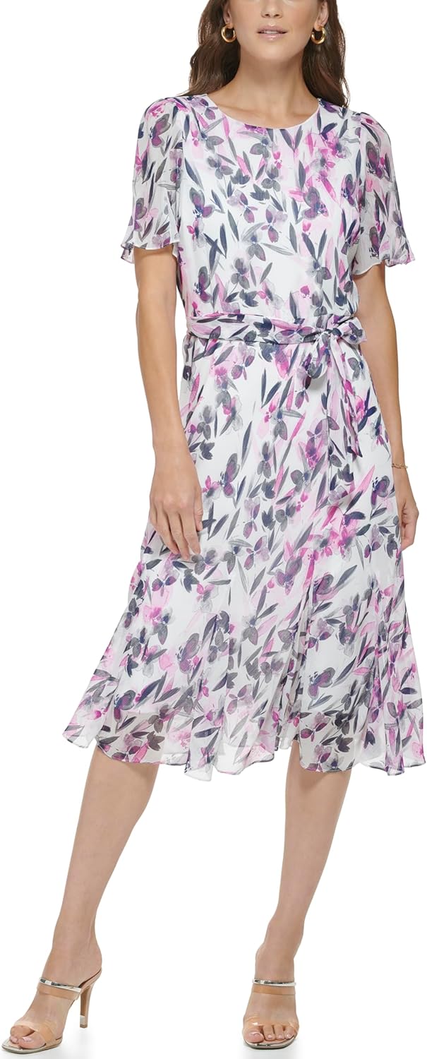DKNY women's flutter-sleeve round-neck waist-tie midi dress — view 2