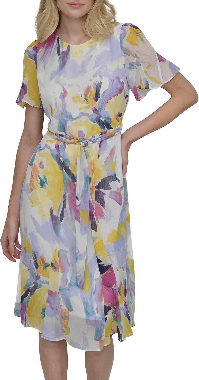 DKNY women's flutter-sleeve round-neck waist-tie midi dress — view 3