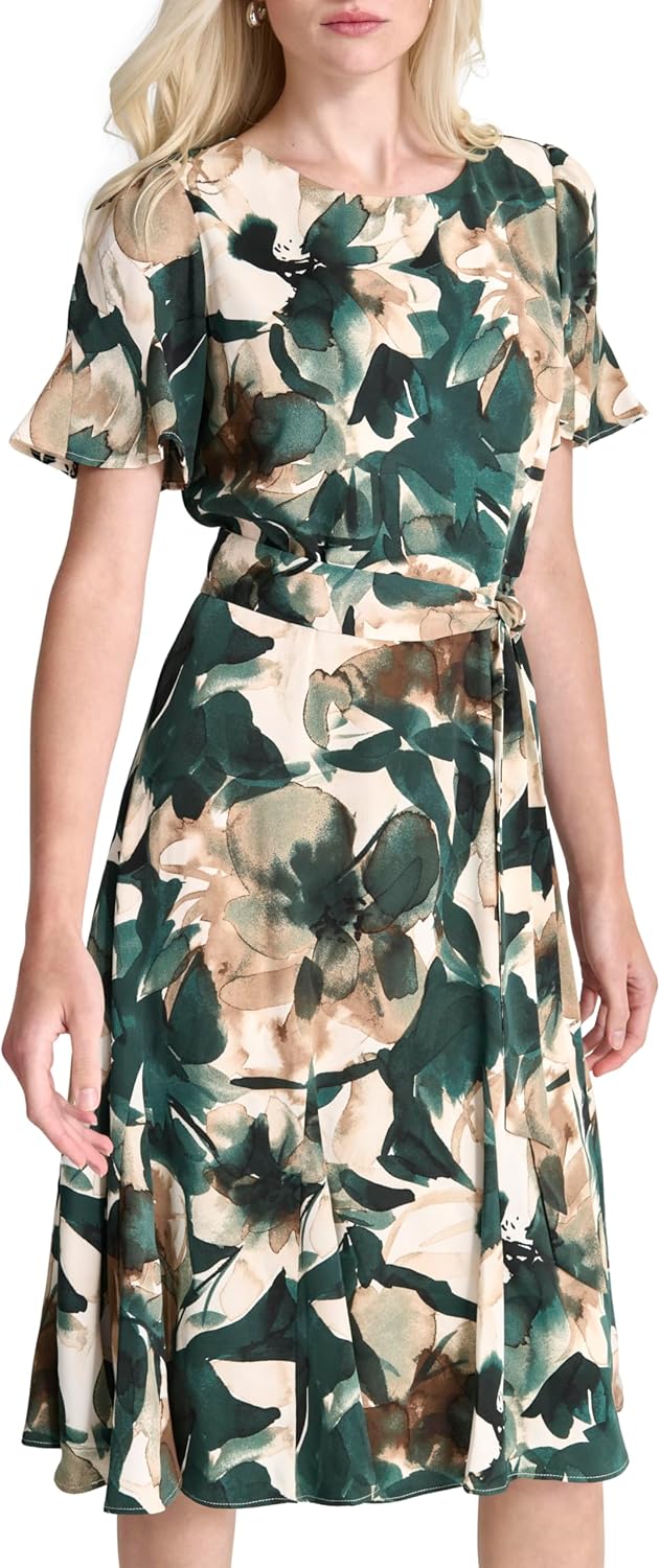 DKNY women's flutter-sleeve round-neck waist-tie midi dress — view 4