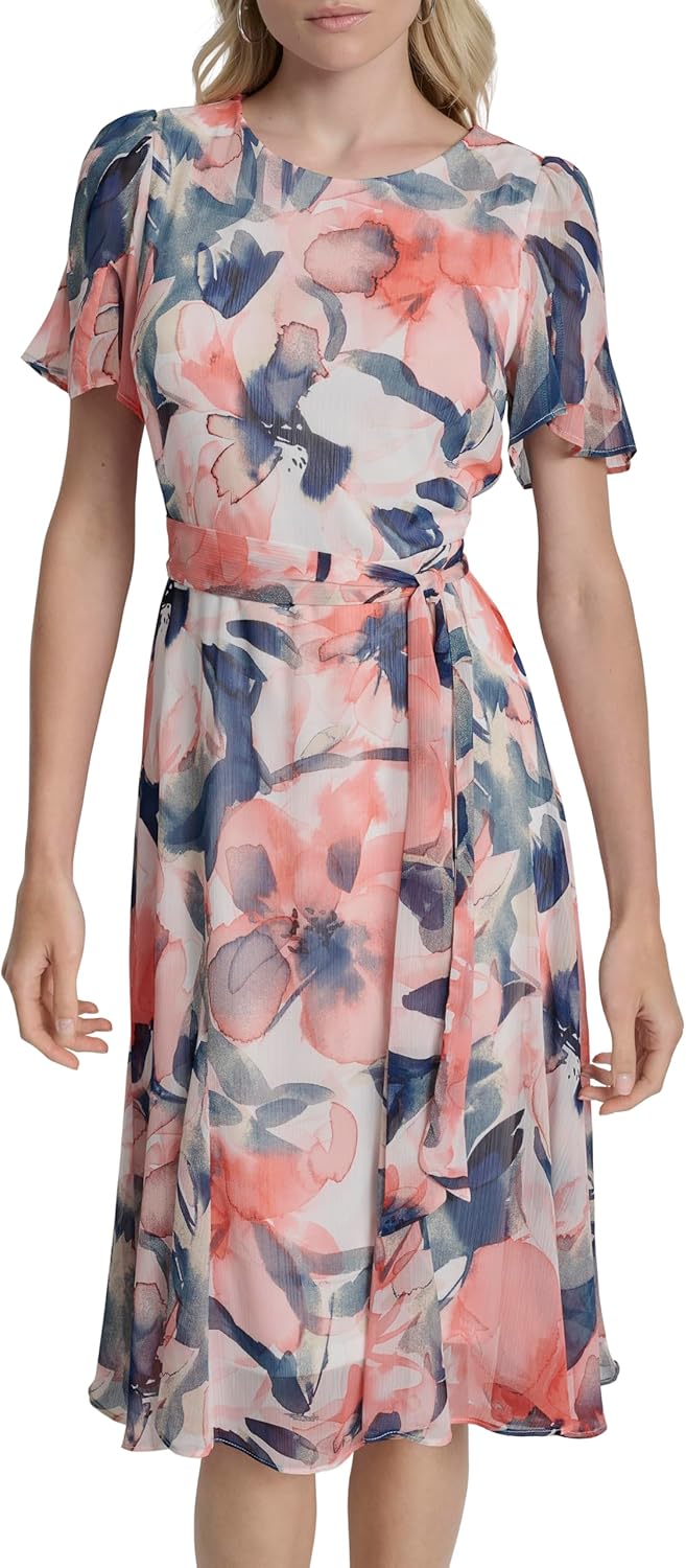 DKNY women's flutter-sleeve round-neck waist-tie midi dress — view 5