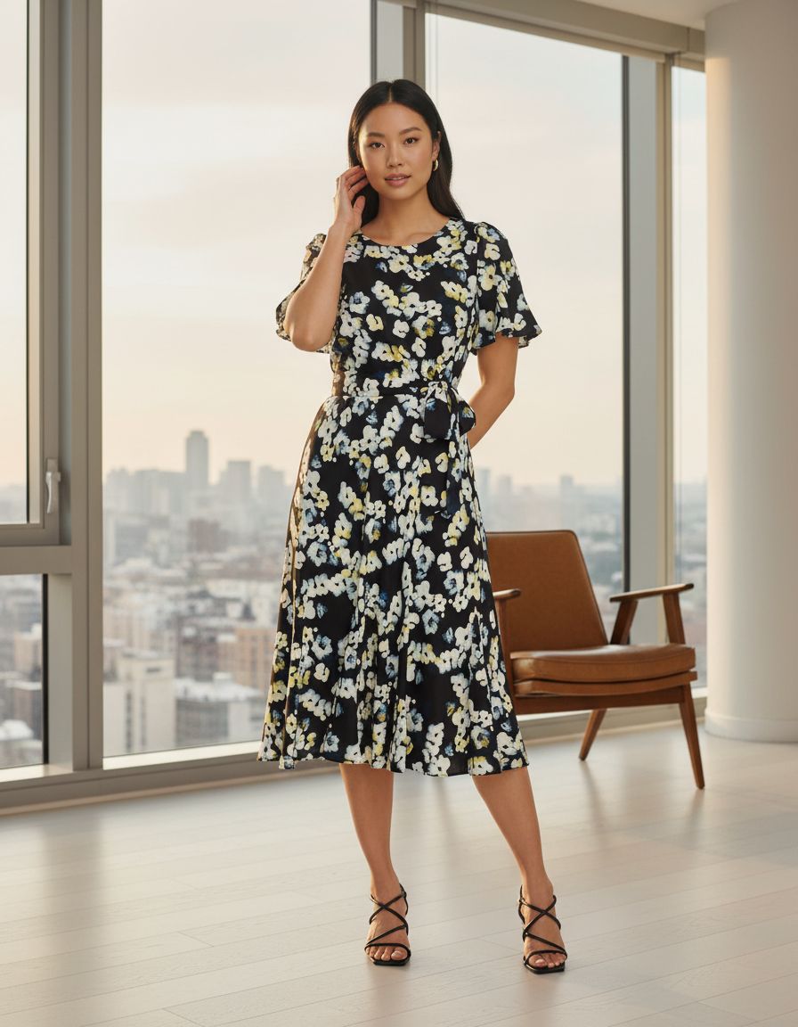 DKNY women's flutter-sleeve round-neck waist-tie midi dress — editorial hero