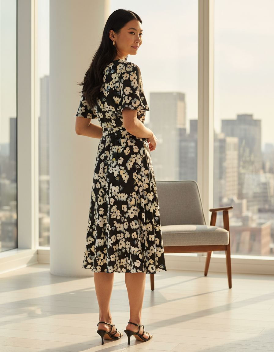 DKNY women's flutter-sleeve round-neck waist-tie midi dress — view 3b