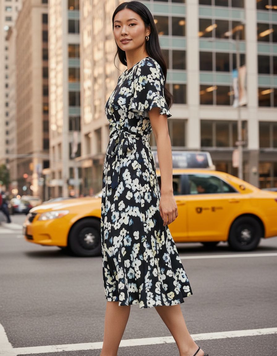 DKNY women's flutter-sleeve round-neck waist-tie midi dress — view 5b