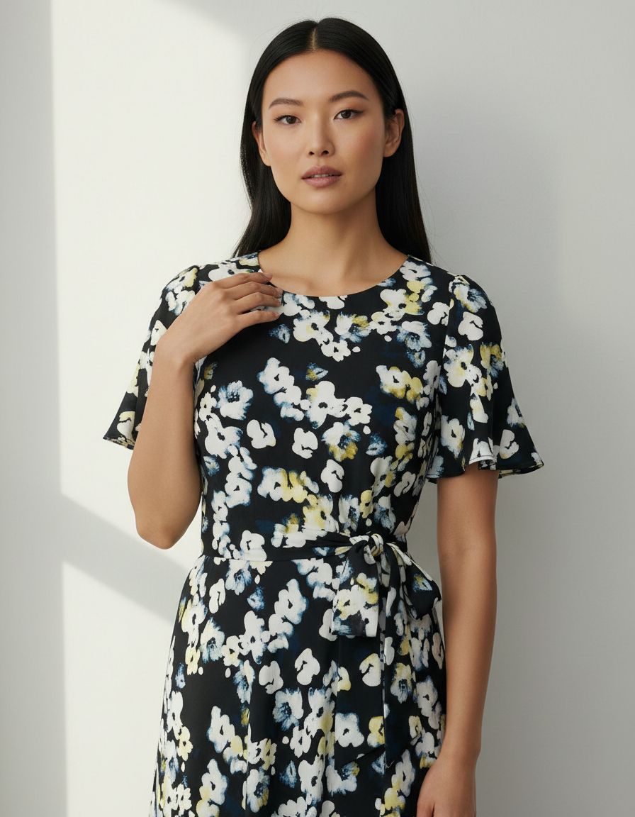 DKNY women's flutter-sleeve round-neck waist-tie midi dress — view 7b