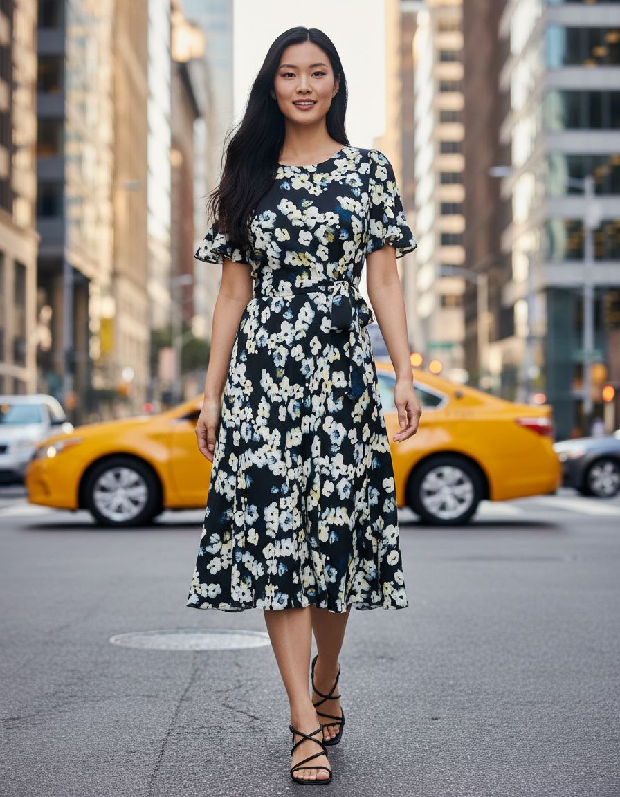 DKNY women's flutter-sleeve round-neck waist-tie midi dress — view 3a