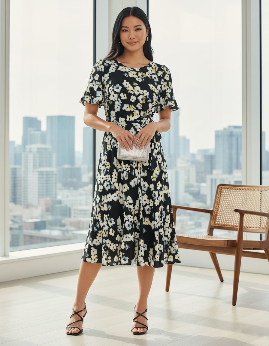 DKNY women's flutter-sleeve round-neck waist-tie midi dress — view 5a