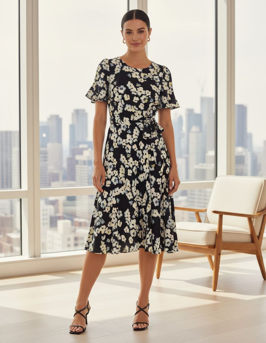 DKNY women's flutter-sleeve round-neck waist-tie midi dress — view 6