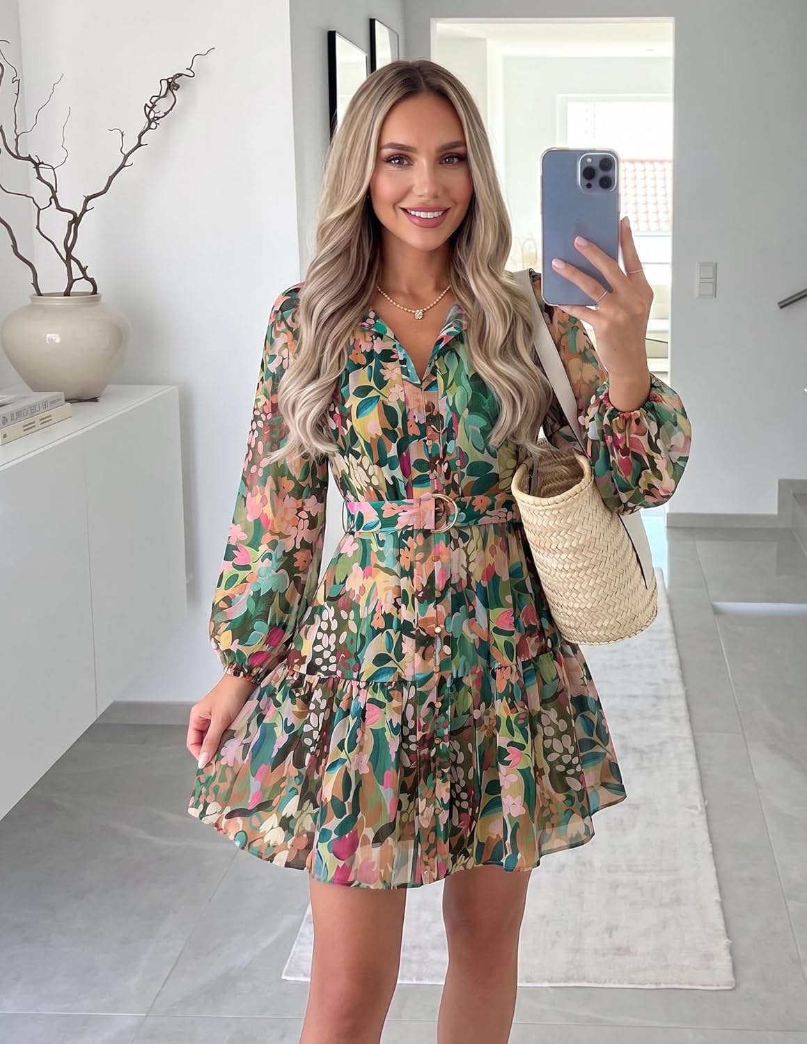 ZESICA women's floral long-sleeve button chiffon A-line mini dress — view 3