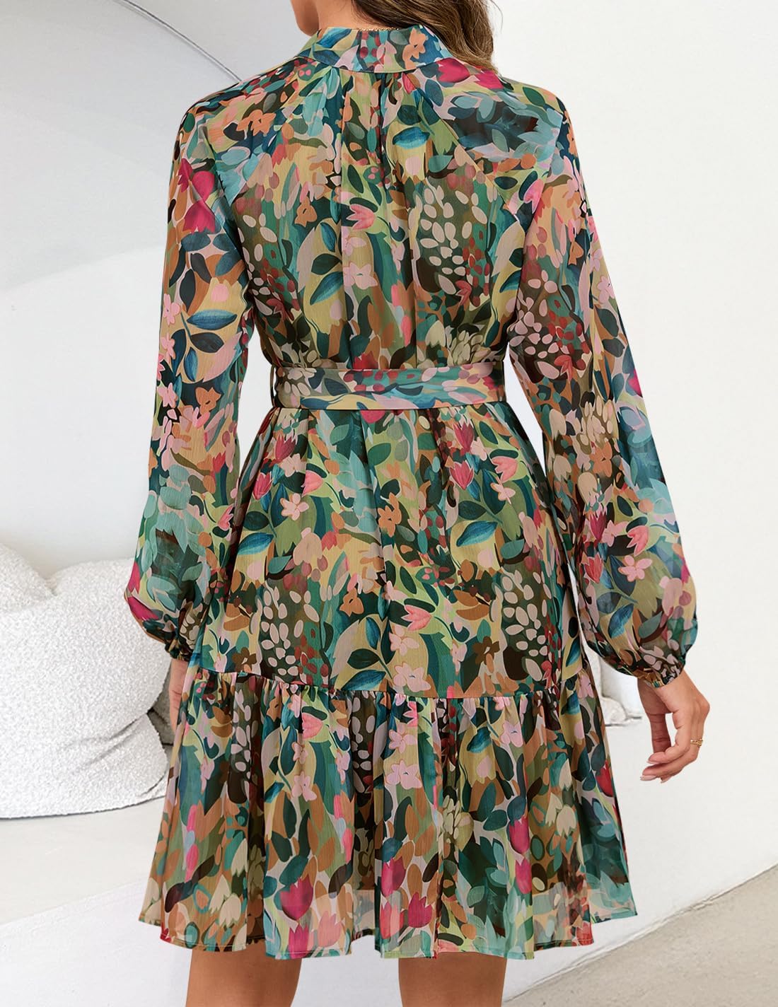 ZESICA women's floral long-sleeve button chiffon A-line mini dress — view 2