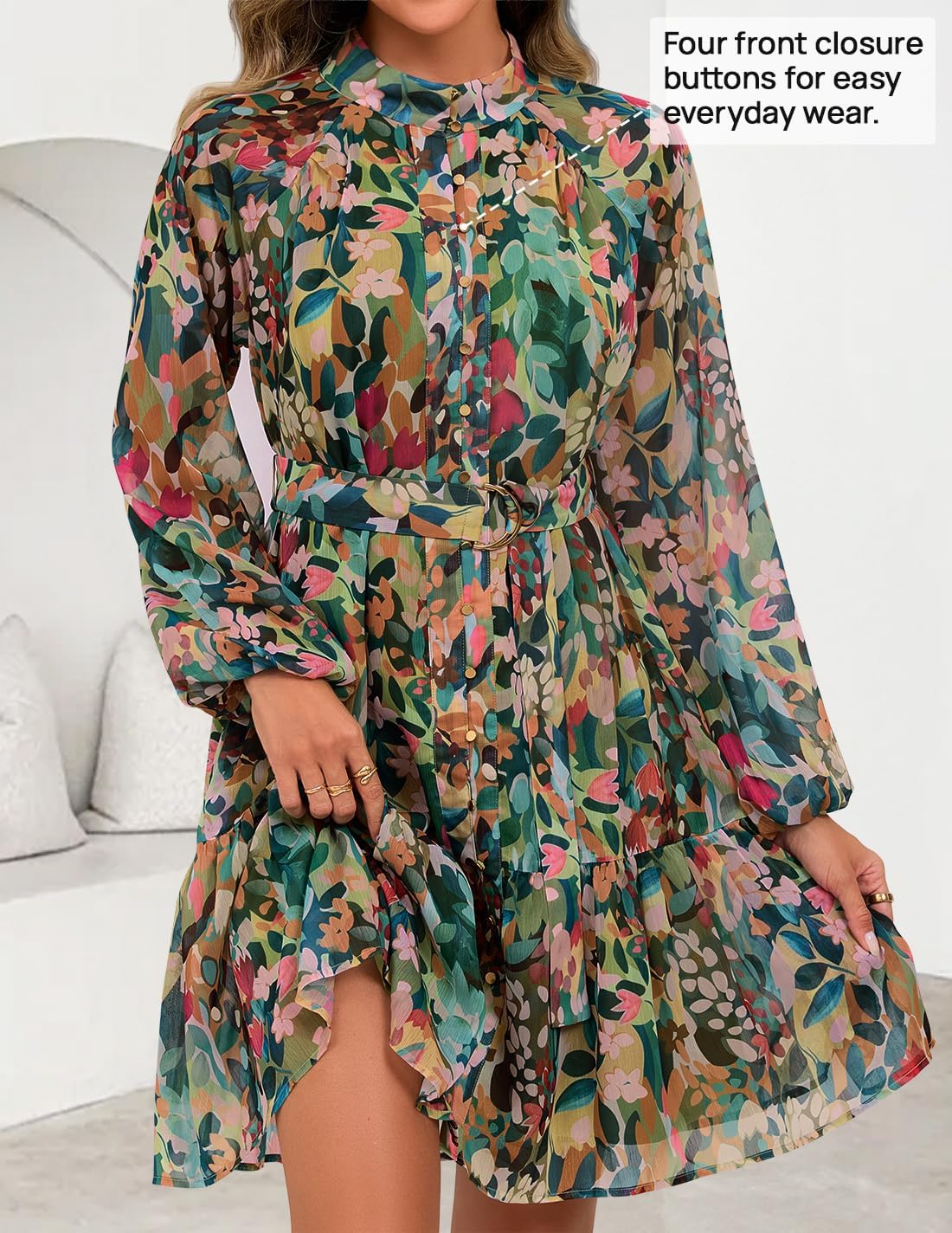 ZESICA women's floral long-sleeve button chiffon A-line mini dress — view 5