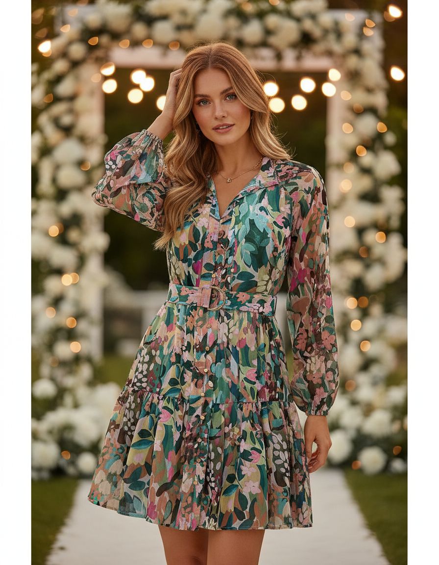 ZESICA women's floral long-sleeve button chiffon A-line mini dress — editorial hero