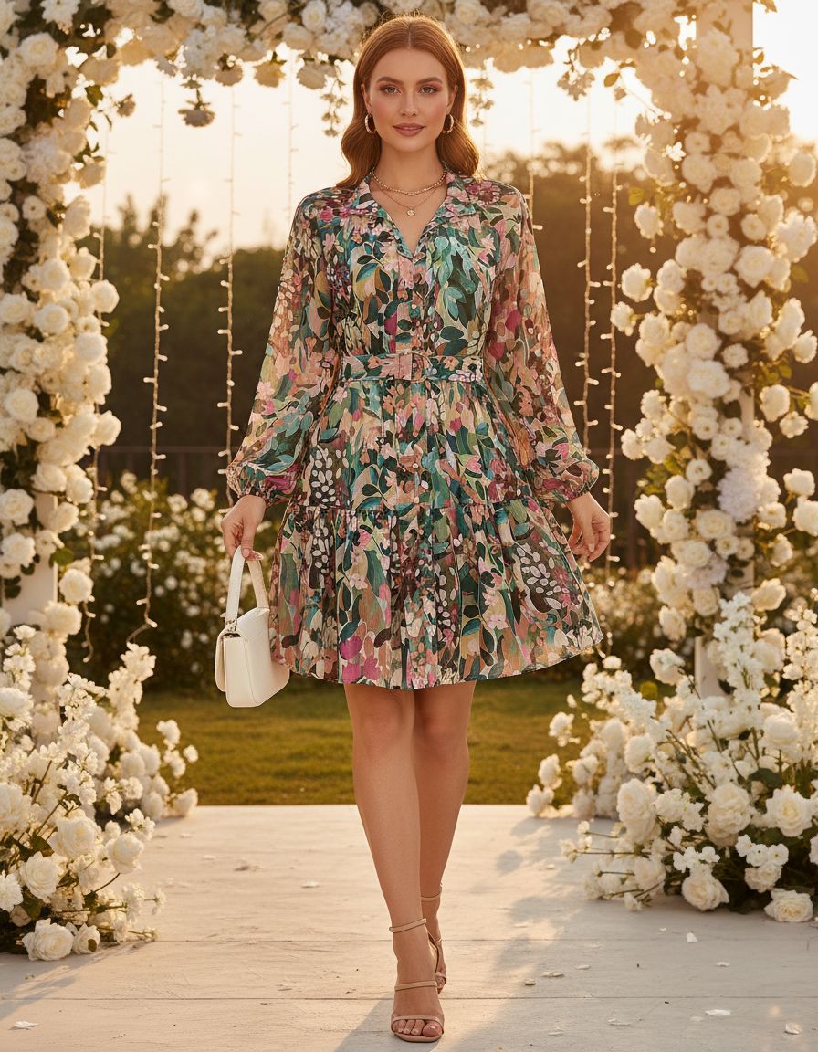 ZESICA women's floral long-sleeve button chiffon A-line mini dress — view 5a