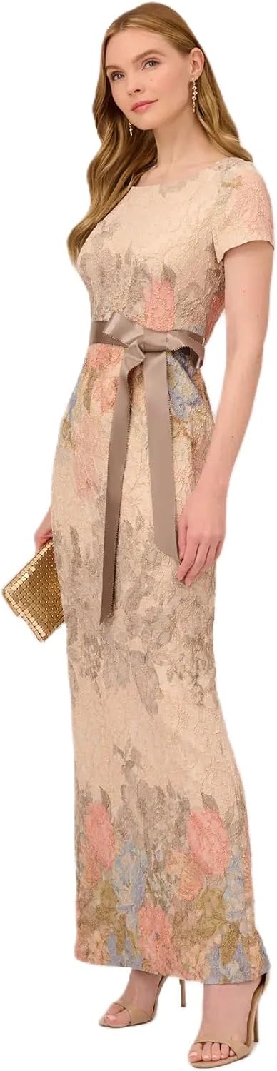Elegant matelasse column gown in [color] with floral design, cap sleeves, and back slit, styled for wedding guest occasions — view 2