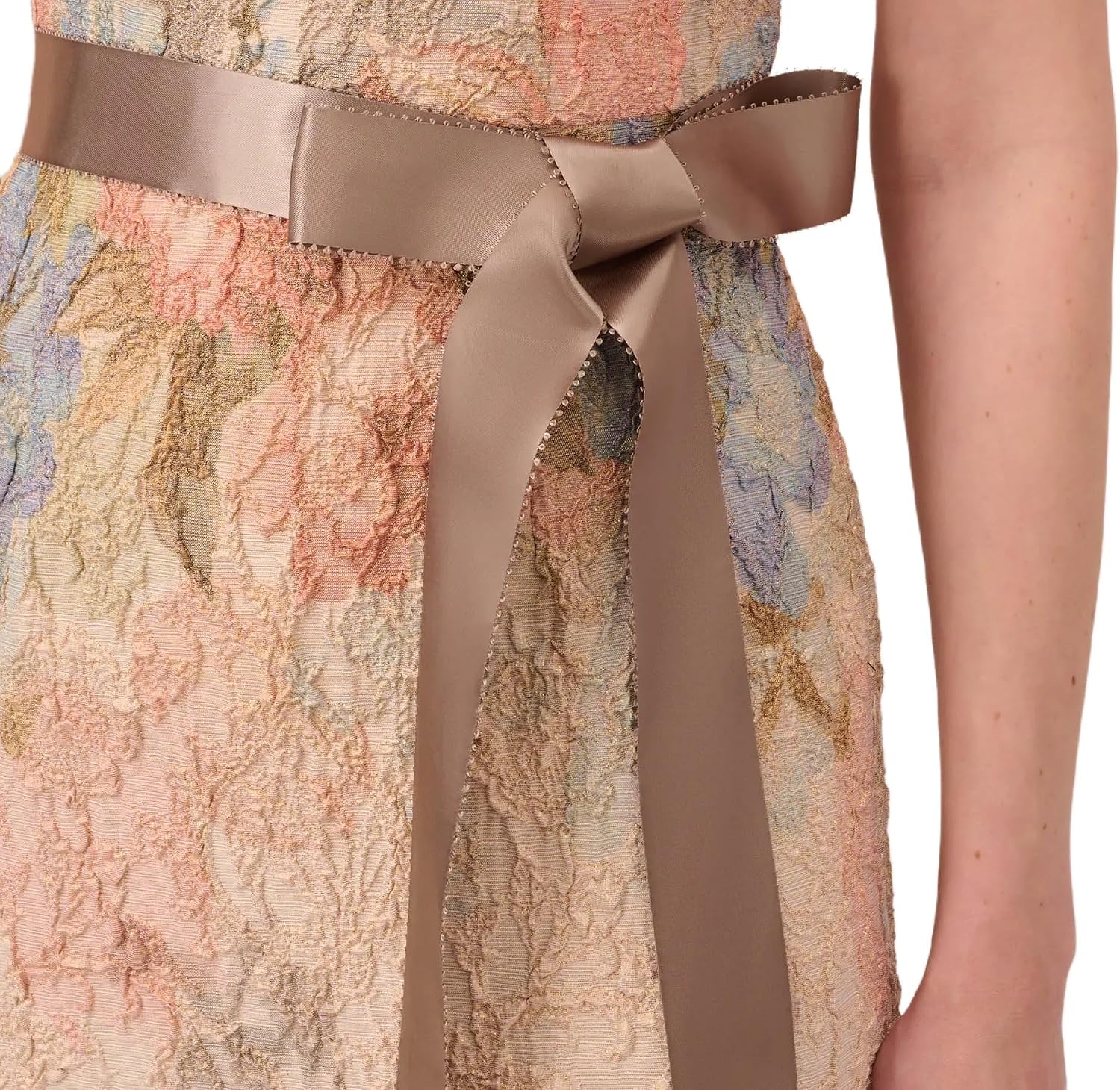 Elegant matelasse column gown in [color] with floral design, cap sleeves, and back slit, styled for wedding guest occasions — view 2