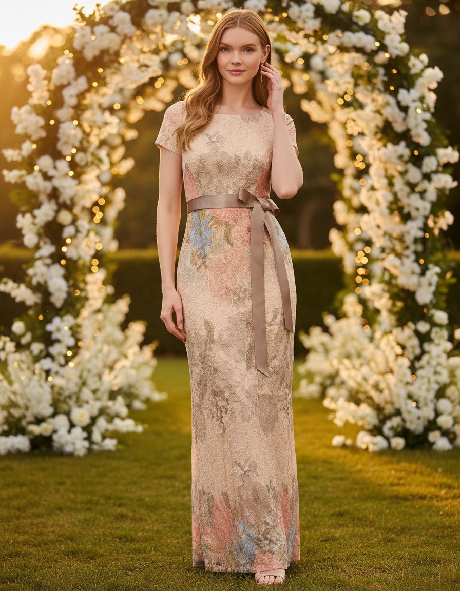 Elegant matelasse column gown in [color] with floral design, cap sleeves, and back slit, styled for wedding guest occasions — editorial hero