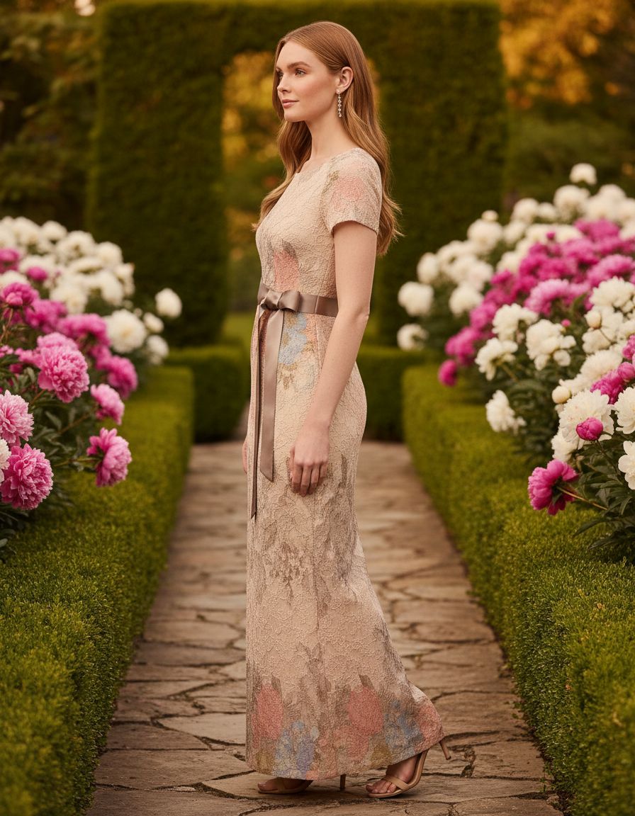 Elegant matelasse column gown in [color] with floral design, cap sleeves, and back slit, styled for wedding guest occasions — view 5b