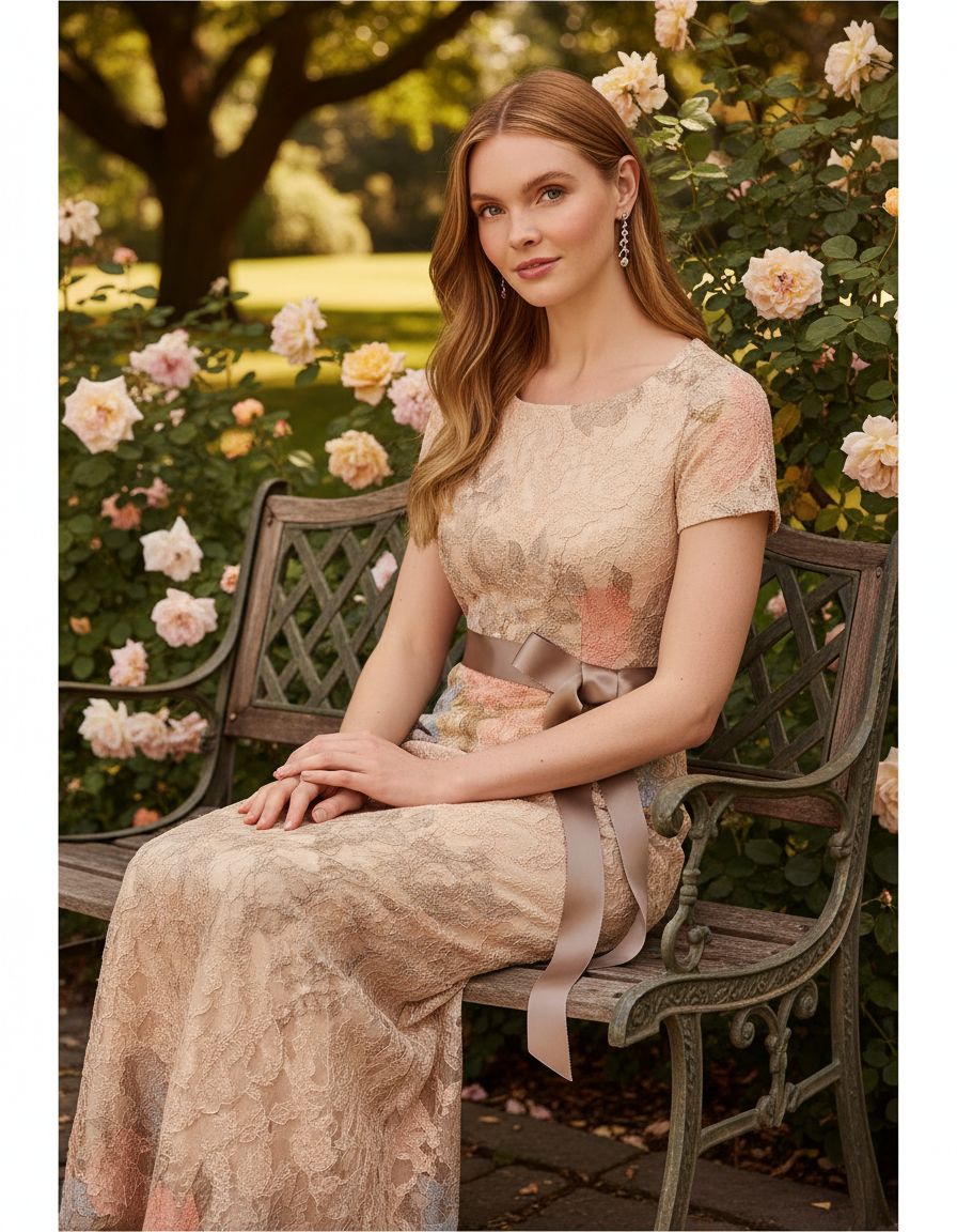 Elegant matelasse column gown in [color] with floral design, cap sleeves, and back slit, styled for wedding guest occasions — view 2