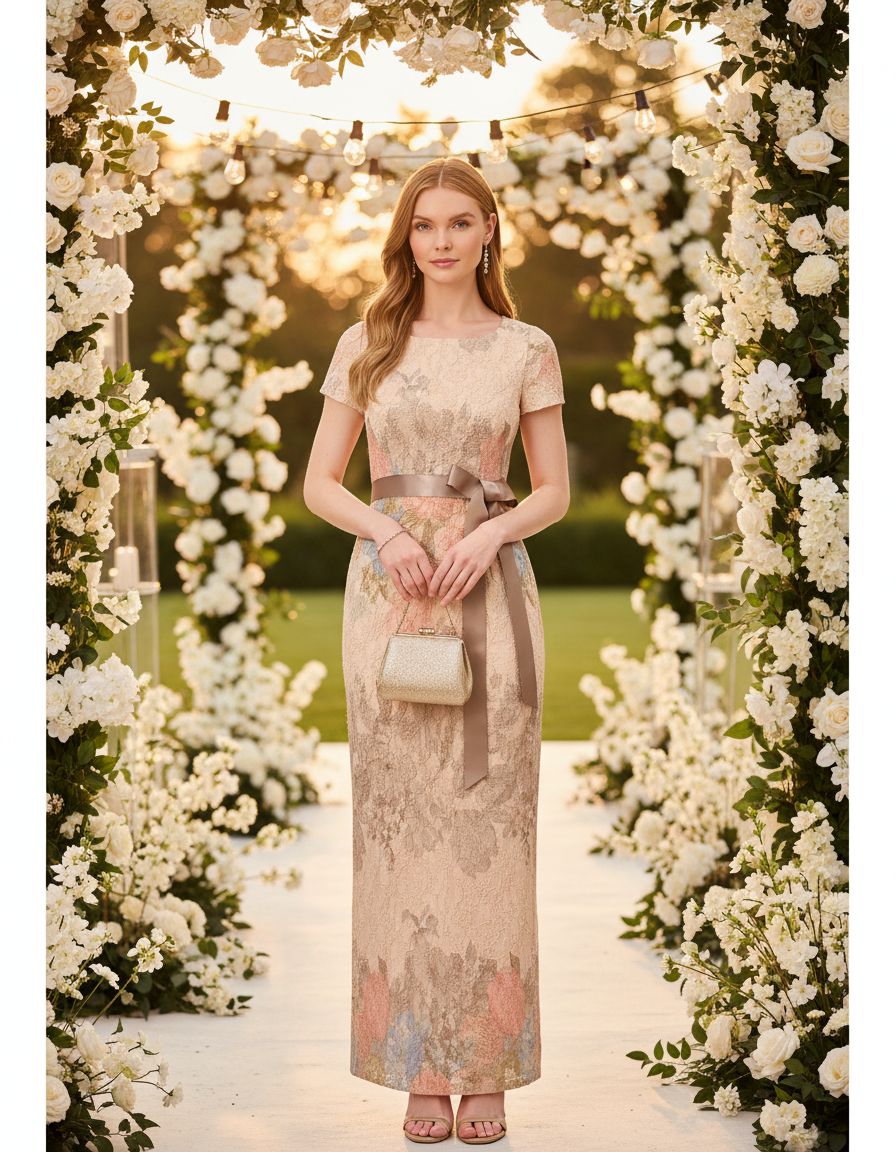 Elegant matelasse column gown in [color] with floral design, cap sleeves, and back slit, styled for wedding guest occasions — view 5a