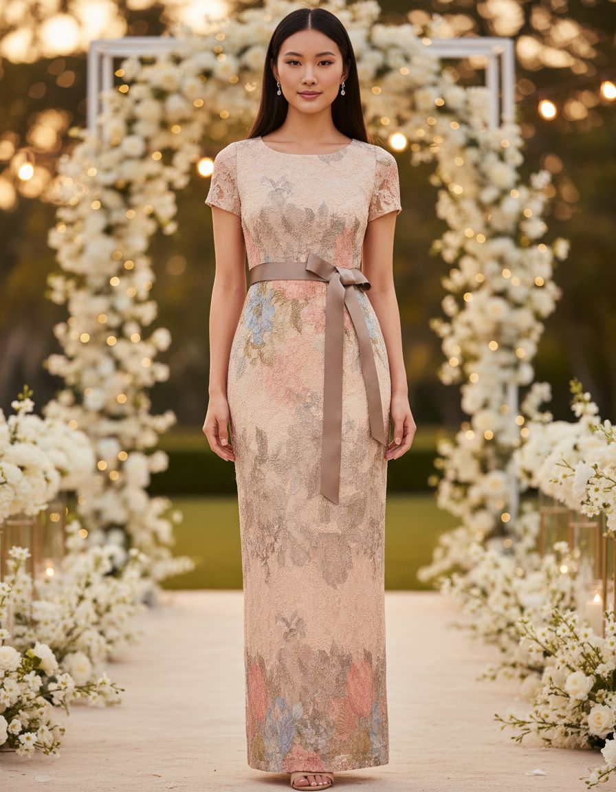 Elegant matelasse column gown in [color] with floral design, cap sleeves, and back slit, styled for wedding guest occasions — view 6