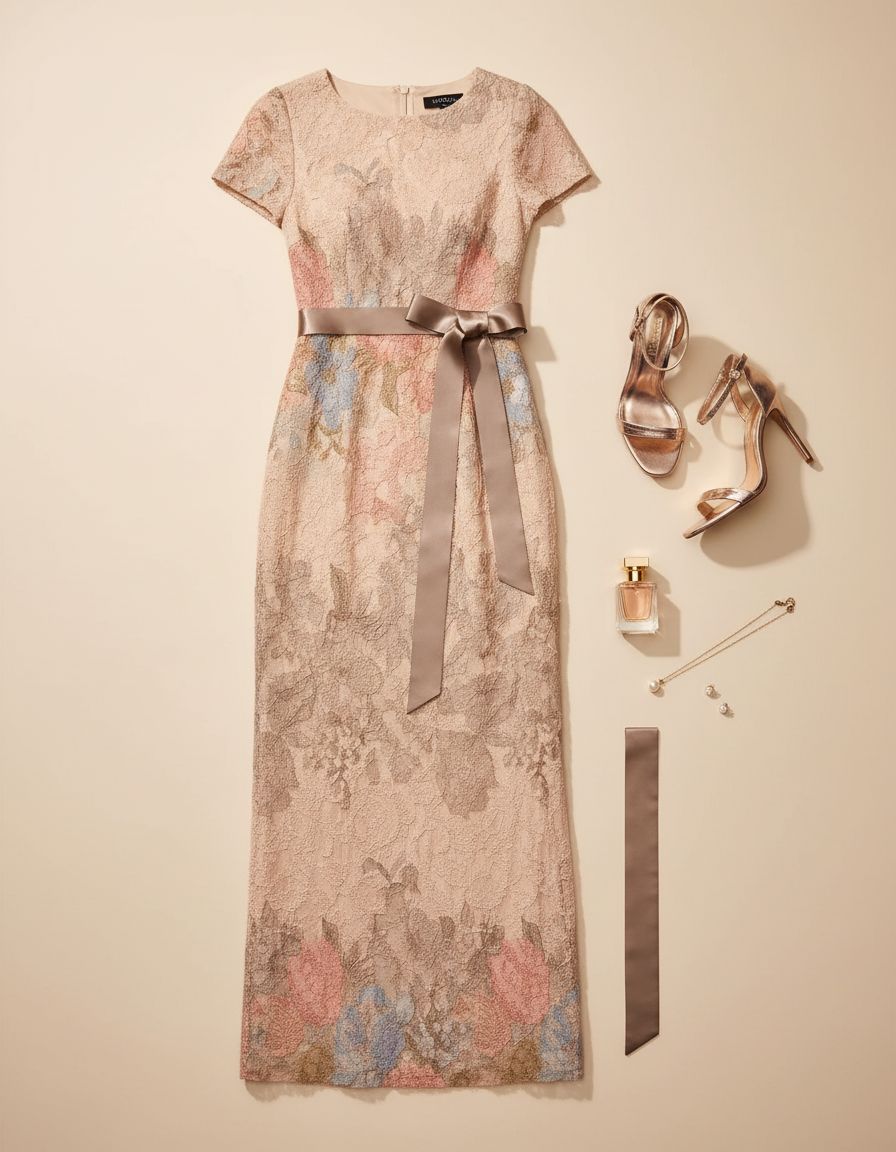 Elegant matelasse column gown in [color] with floral design, cap sleeves, and back slit, styled for wedding guest occasions — view 7a