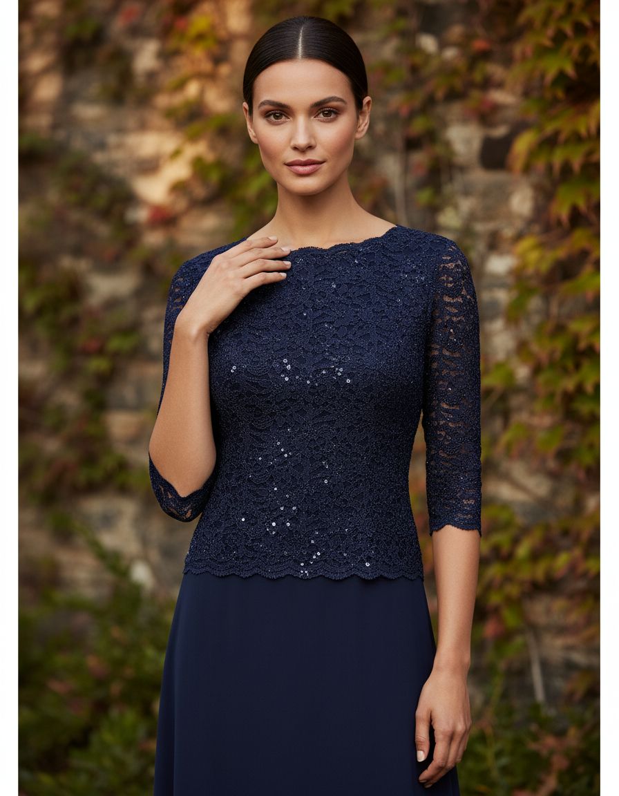 Gray mock wrap dress with illusion 3/4 sleeves and structured bodice, styled for wedding guest and cocktail occasions — view 7b