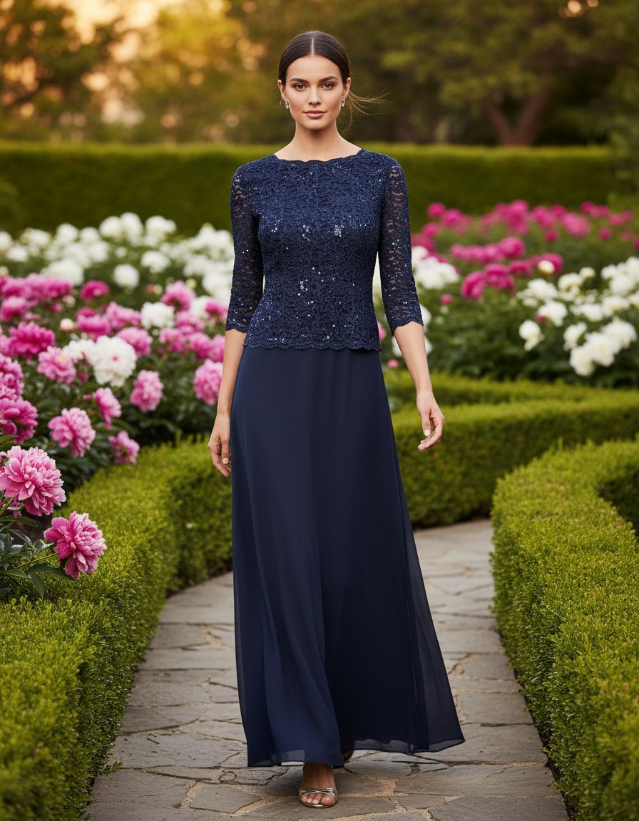 Gray mock wrap dress with illusion 3/4 sleeves and structured bodice, styled for wedding guest and cocktail occasions — view 3a