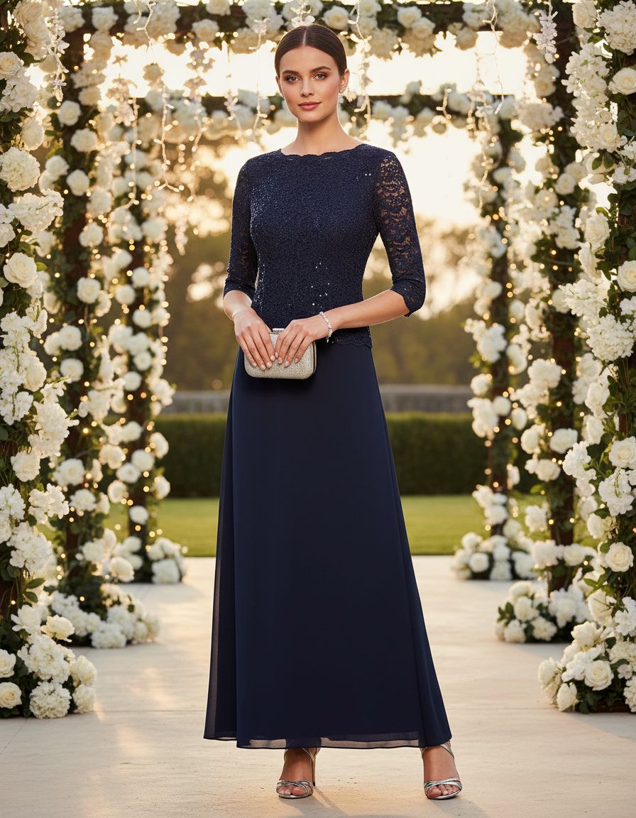 Gray mock wrap dress with illusion 3/4 sleeves and structured bodice, styled for wedding guest and cocktail occasions — view 5a