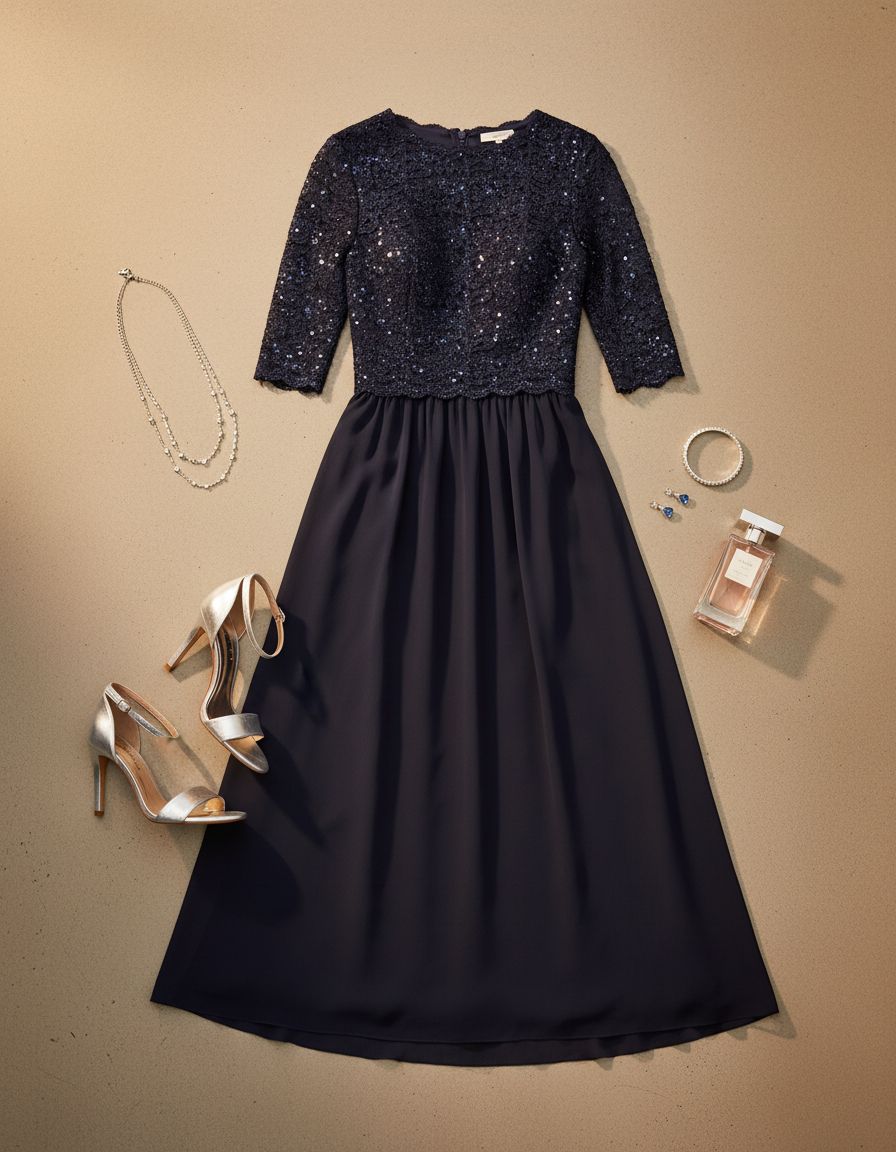 Gray mock wrap dress with illusion 3/4 sleeves and structured bodice, styled for wedding guest and cocktail occasions — view 7a