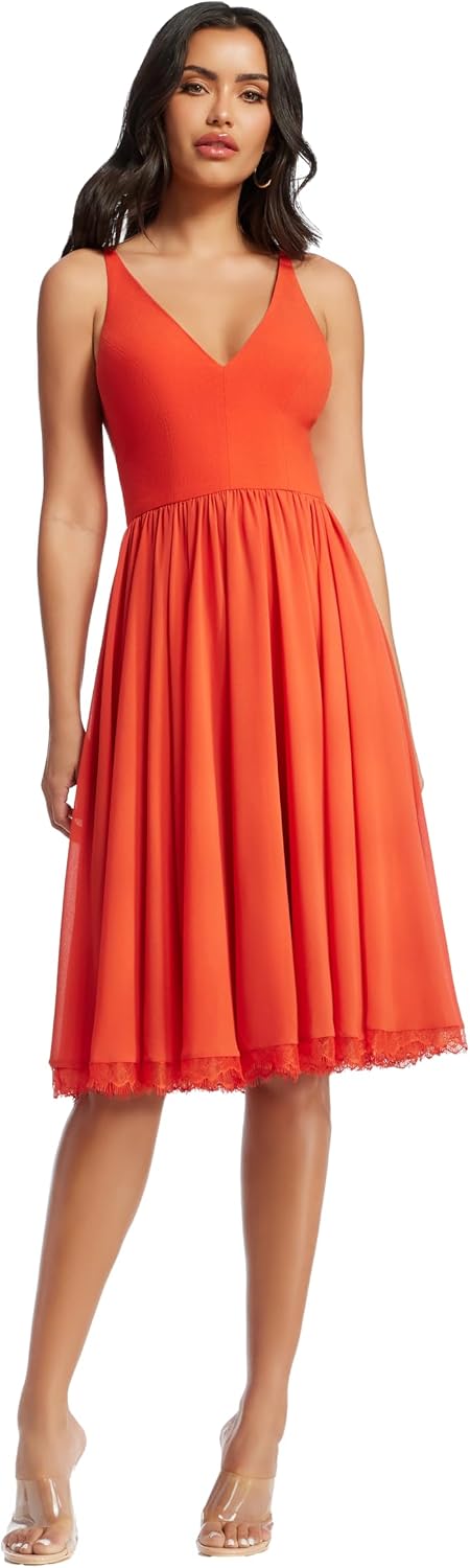 Sleeveless plunging neckline fit and flare midi dress in [color] with mixed media details for date night — view 1