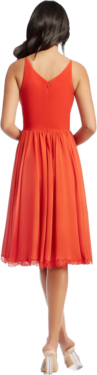 Sleeveless plunging neckline fit and flare midi dress in [color] with mixed media details for date night — view 2