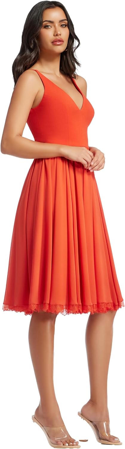 Sleeveless plunging neckline fit and flare midi dress in [color] with mixed media details for date night — view 3