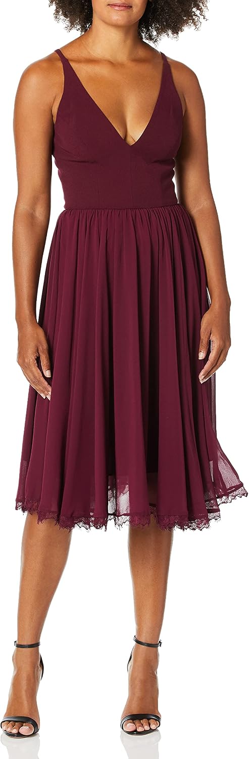 Sleeveless plunging neckline fit and flare midi dress in [color] with mixed media details for date night — view 4