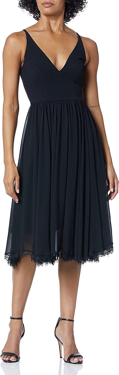 Sleeveless plunging neckline fit and flare midi dress in [color] with mixed media details for date night — view 2