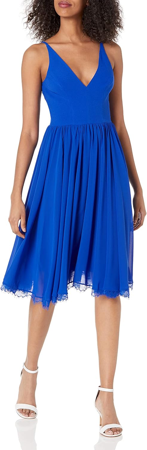 Sleeveless plunging neckline fit and flare midi dress in [color] with mixed media details for date night — view 3
