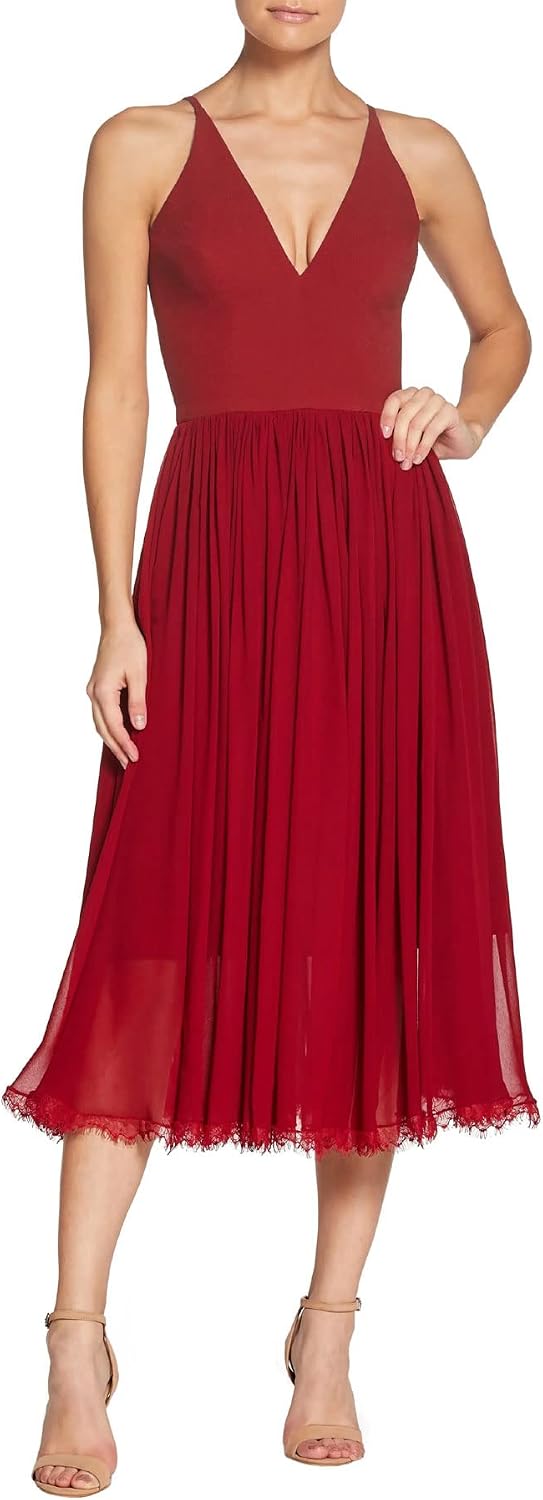 Sleeveless plunging neckline fit and flare midi dress in [color] with mixed media details for date night — view 4