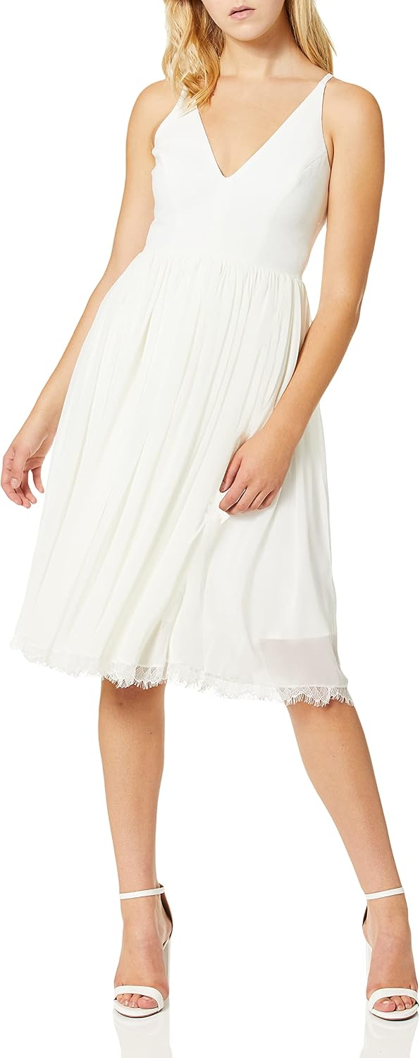 Sleeveless plunging neckline fit and flare midi dress in [color] with mixed media details for date night — view 5