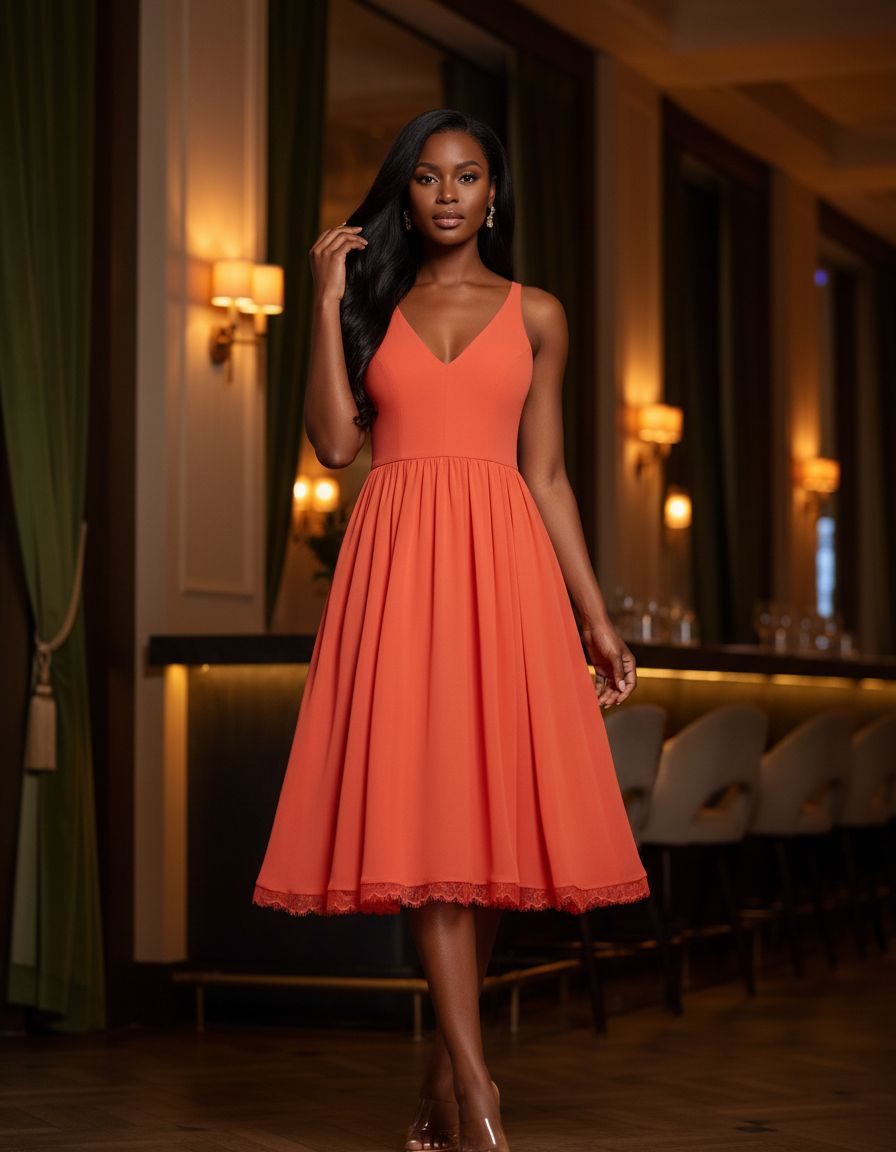 Sleeveless plunging neckline fit and flare midi dress in [color] with mixed media details for date night — editorial hero