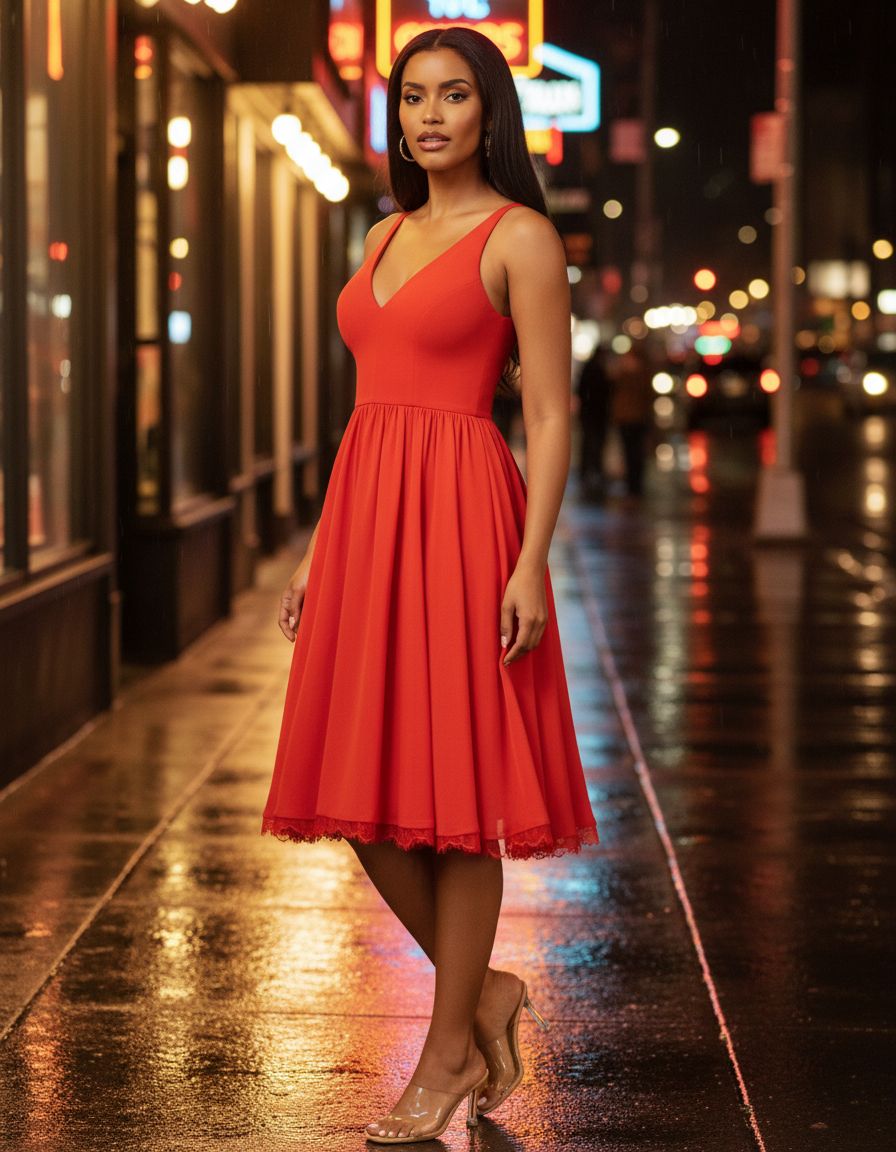 Sleeveless plunging neckline fit and flare midi dress in [color] with mixed media details for date night — view 3b
