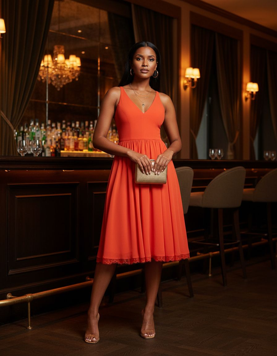 Sleeveless plunging neckline fit and flare midi dress in [color] with mixed media details for date night — view 5a