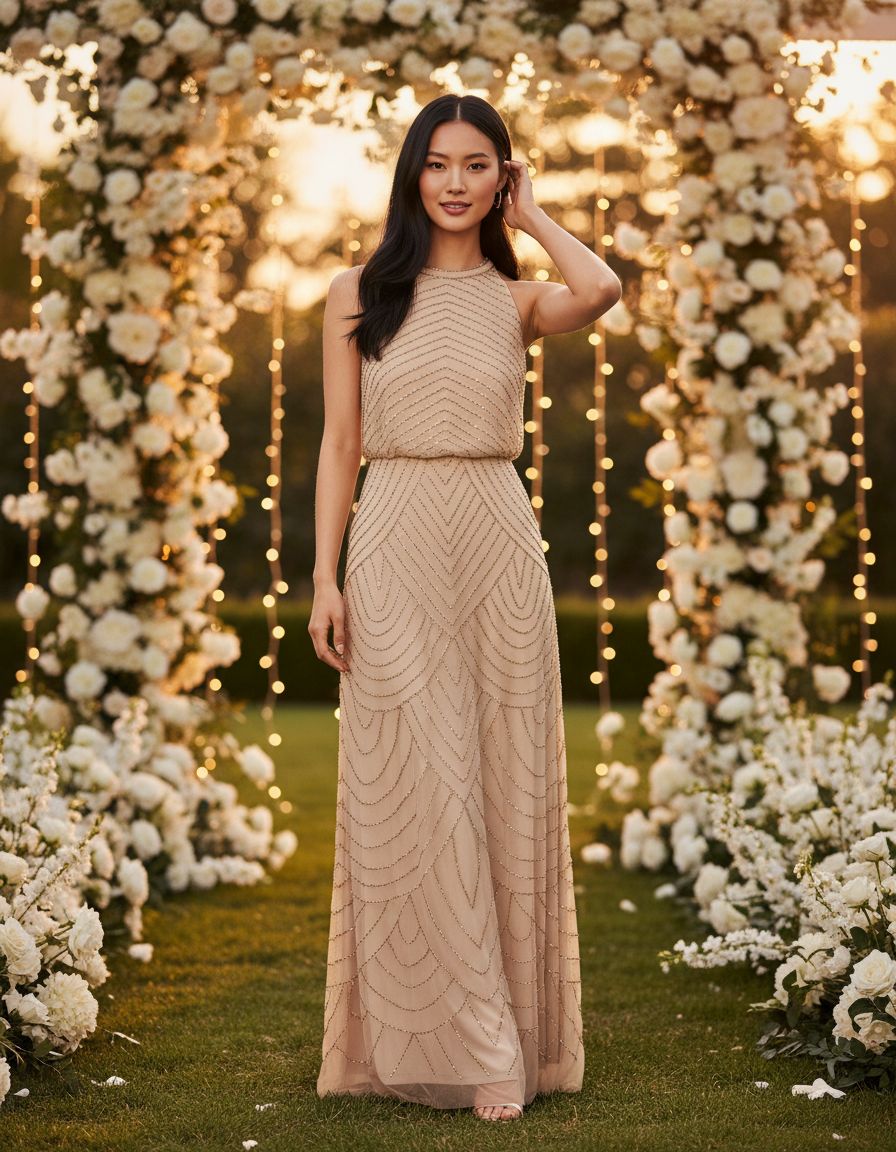 Halter beaded blouson gown in [color] for wedding guest and formal events — editorial hero